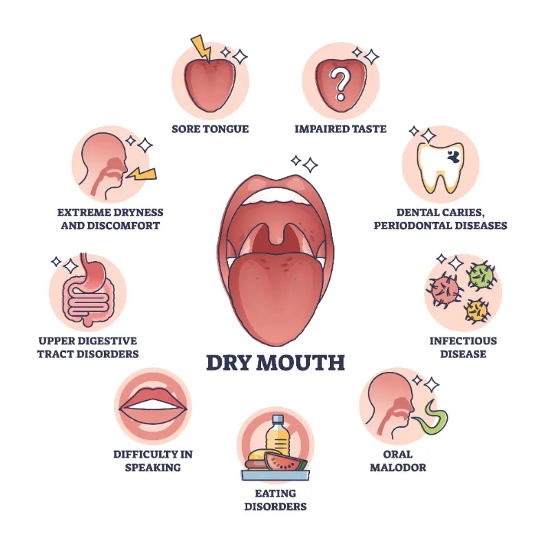 a graphic showing how dry mouth can affect you if not using a dry mouth gel