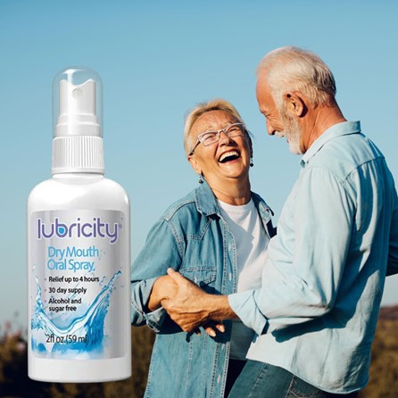 An old couple using Lubricity as an alternative to dry mouth gel
