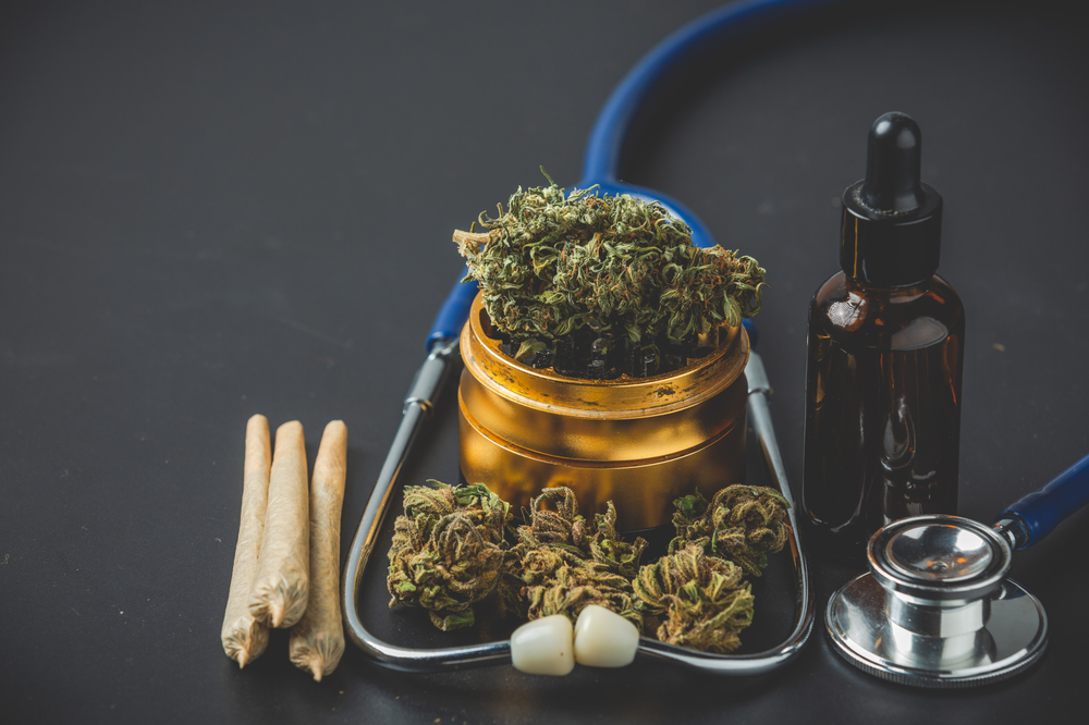 An image depicting various forms of Medical Marijuana and a stethoscope. 