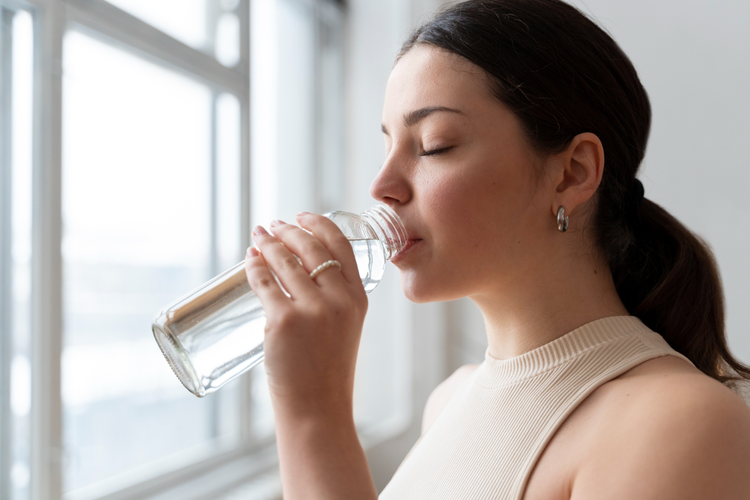  A woman drinking water to alleviate the cotton mouth she is feeling after using Medical Marijuana. 