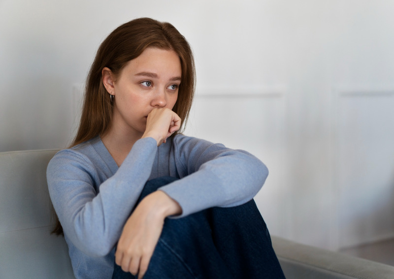 A woman sitting on a couch with anxiety induced cottonmouth.