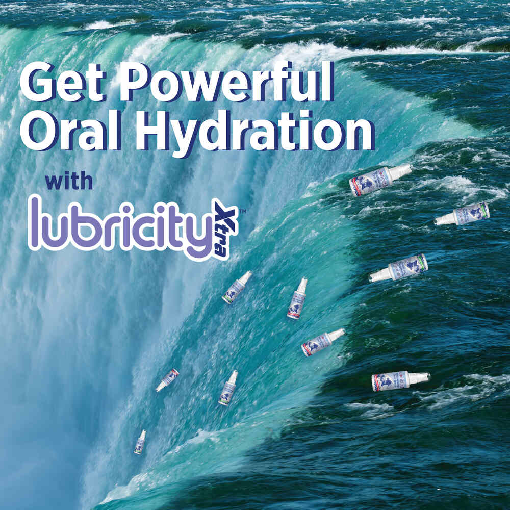  A graphic in which Lubricity Xtra Moisturizing Oral Spray is going over a water fall with text "Get Powerful Oral Hydration with Lubricity Xtra".