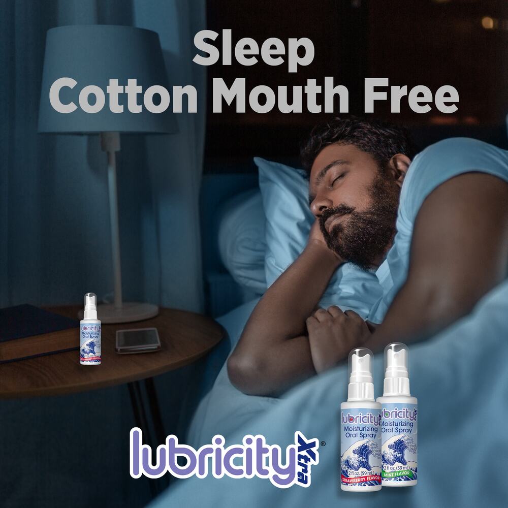  An image with a bottle of Lubricity Xtra Moisturizing Oral Spray sitting on a nightstand and text on the image that says” Sleep Cotton Mouth Free”