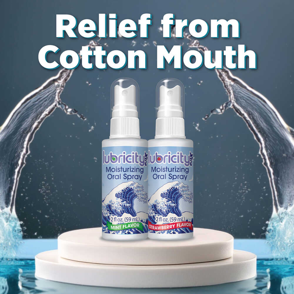 A picture of two bottles of Lubricity Xtra sitting on a pedestal with water splashing around and text on the image, “Relief from Cotton Mouth”